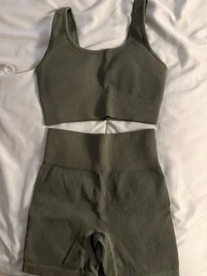 Olive Green Ribbed Sports Bra Bike Short Matching Set thumbnail 1