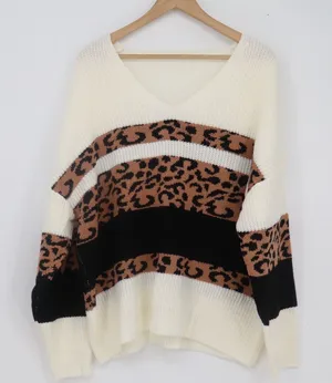 Shein Curve 2XL Leopard Print Colorblock V-Neck Sweater White Black Brown thumbnail 1