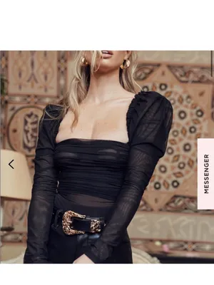 House of CB Black Ruched Mesh Puff-Sleeve Square Neck Bodysuit Size XS thumbnail 4