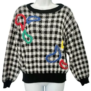 Vintage Black White Check Wide Stitch Rainbow Detail Crew Neck Sweater size S thumbnail 1