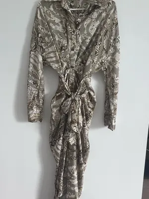 MABLE Animal Print Draped Maxi Shirt Dress Y2K Neutral Safari Size S thumbnail 3