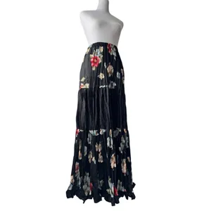 Vintage ‘90s Delah McKay Black Floral Print Semi-Sheer Tiered A-Line Maxi Skirt thumbnail 2