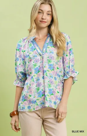 Umgee Mix Floral Print Ruffle Top - Blue mix -‎ Small thumbnail 1