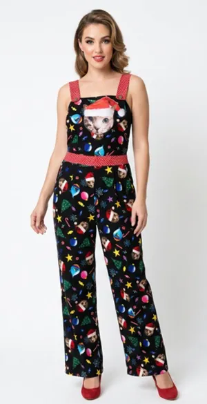 Love On A Hanger Women's Black Christmas Kitty Cat Velour Overalls Size Medium thumbnail 1