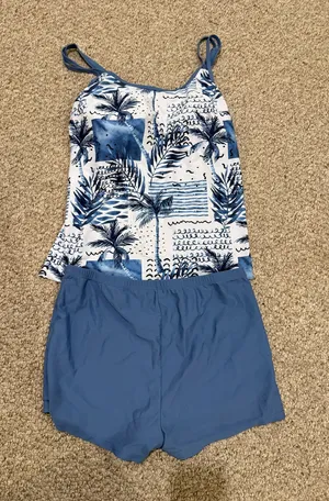 Blue Palm Print Tankini Top with Solid Blue Swim Shorts thumbnail 1