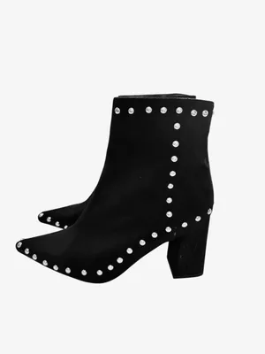 Black Faux Suede Studded Pointed Toe Block Heel Ankle Boots Size 10 10.5 42 thumbnail 3