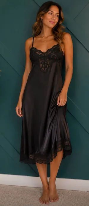 Vintage 1900s Wonder Maid Black Lace Full Slip Union Made Nylon thumbnail 1