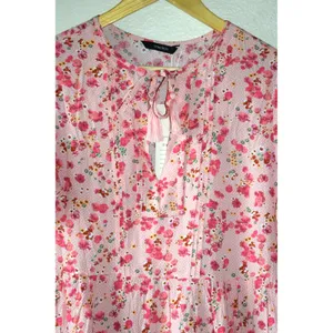 Dokotoo Floral Mini Dress Womens Small Pink NWT Boho Tassel Tie Neck Babydoll thumbnail 2