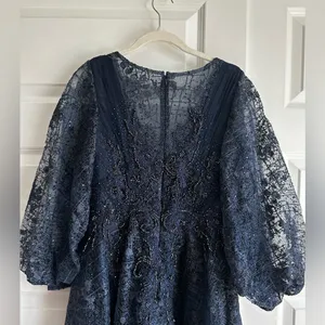 Mac Duggal 20391‎ Embellished Plunge Neck Bishop Sleeve Dress Sz 4 Midnight thumbnail 7