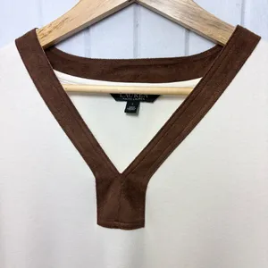 Ralph Lauren V neck Cream and Brown Cotton Long‎ Sleeve Top Size L thumbnail 4