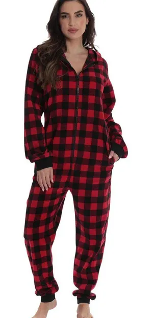 NWT #followme Onepiece Pajama with Zip and Pockets Buffalo Plaid Red Black M thumbnail 1