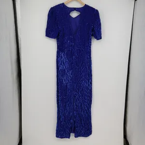 Vintage Silk Sequin Evening Gown Maxi Dress Lined Blue Elegant Zipper M/L 19"P2P thumbnail 9