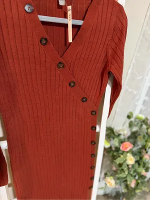 ASOS Ribbed Wrap-Style Midi Dress in Brick Red thumbnail 4