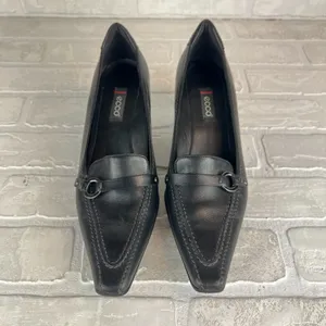 ECCO Loafer Pumps Women 7.5 38 Black Leather Pointed Toe Block Heel Strap Office thumbnail 7