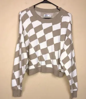 Hollister Women’s Knit Checkered Pattern Print Beige White Cropped Sweater thumbnail 1