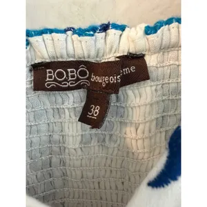 BoBo Bourgeois Boheme Blue Floral Embroidered Puff Sleeve Top Size 38 V-Neck thumbnail 2
