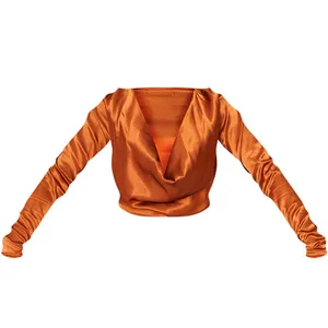 Pretty Little Thing New Satin Cowl Neck Long Sleeve Crop Top Rust Size 6 thumbnail 6