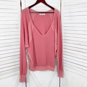 Free People Santa Clara Thermal‎ Oversized Shirt Coral Pink Orange Medium thumbnail 9