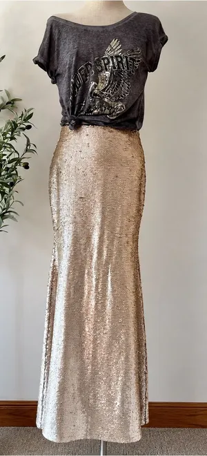 Lucy Paris Champagne Gold Metallic Maxi Skirt | Mermaid Slip Skirt | Y2K Glam thumbnail 1