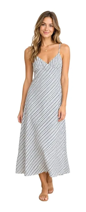 Michael Kors Blue White Striped V-Neck Midi Slip Dress Romantic Casual thumbnail 1