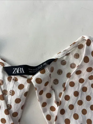 ZARA Linen Blend Polka Dot Crop Deep V Neck Tie Back Blouse Top White Mustard M thumbnail 7