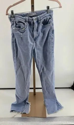 Zara Brono Blue Split Flare Jeans Light Wash Raw Hem Size 4 EUR 36 thumbnail 1