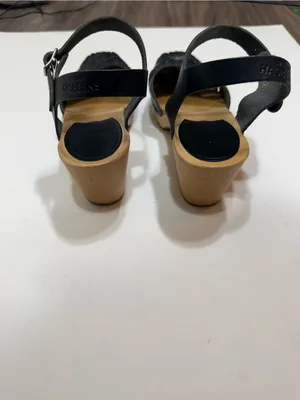 Swedish Hasbeens Black Leather Braided Heeled Clog Ankle Strap Sandal Size 7 thumbnail 3