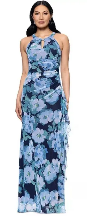 Betsy & Adam‎ Women's Size 12 Blue Floral Mesh Gown NWT Zip Back Halter Neck thumbnail 1