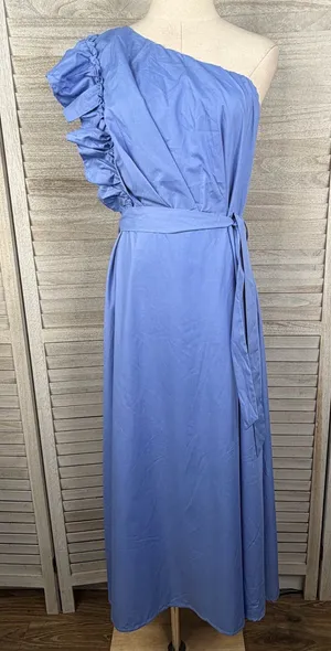 ZESICA One Shoulder Sleeveless Ruffle Maxi Dress Dusty Blue-Large thumbnail 1