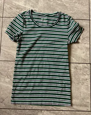 J.Crew Perfect Fit Striped Crewneck T-Shirt Green Navy White Cotton Rib M thumbnail 1