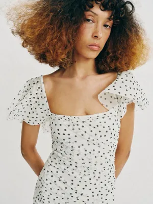 ZARA Square-Neck White Polka Dot Midi Dress thumbnail 4