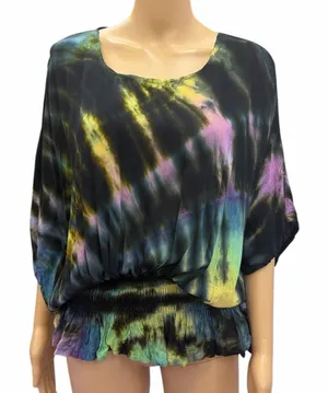 Womens Tie Dye Batwing Elastic Waist Lightweight Blouse Size Small to Medium thumbnail 1