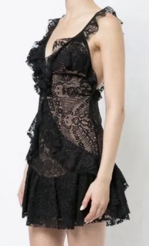 For‎ Love & Lemons Tati Lace Mini Ruffle Dress Black Size Medium Lace Sexy thumbnail 1