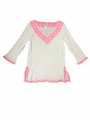 Andree Blue Boho Gauze Swim Cover Up Neon Pink Lace Crochet Trim Tunic S thumbnail 2