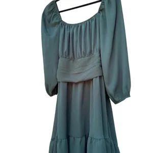 Exlura Green Square Neck Puff Sleeve High Low Mini Dress XL Cottagecore Boho thumbnail 9
