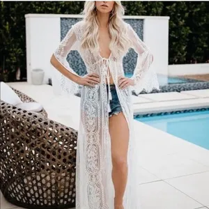 White lace mesh kimono cardigan cover up swim cover up thumbnail 2