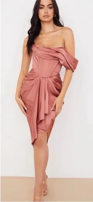 House of CB Janis Rogue Satin Corset One Shoulder Draped Knee Length Dress in XS thumbnail 1