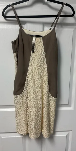 Kensie Cream Lace Panel Mini Dress with Brown Contrast thumbnail 1