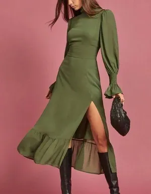 Reformation Galena Long Sleeve Dress in Olive thumbnail 2