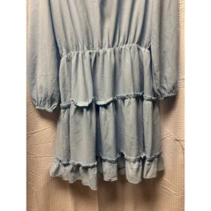Women's Baby Blue Tiered Mini Dress Tie Front Balloon Long‎ Sleeve L thumbnail 6