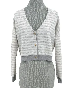 Maison Jules Sweater Gray Striped Cropped Knit Cardigan Coastal Academia Preppy thumbnail 1