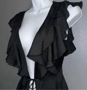 Vintage Victoria’s Secret Black Ruffled Robe Gown Lingerie Kimono Cover Up XS thumbnail 6