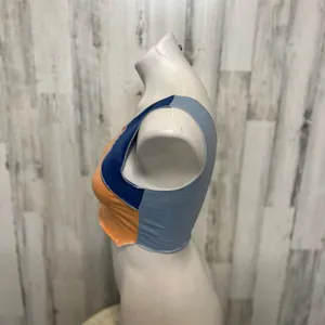 Color Block One Shoulder Crop Top Womens Size Small Orange Blue Raw Hem Festival thumbnail 2
