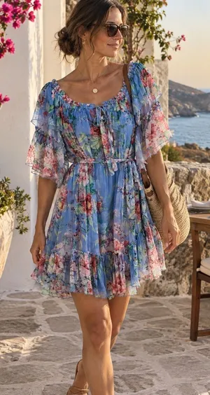 Zimmermann Winsome Sky Sunbleach Floral 100% Silk Ruffle Mini Dress Size 2 thumbnail 1