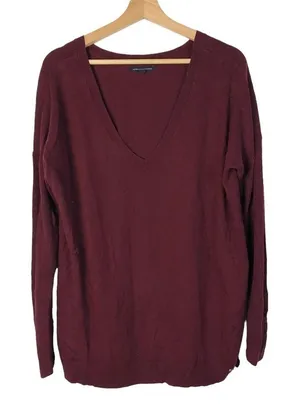 American Eagle AEO‎ Burgundy Red V-Neck Pullover Sweater L thumbnail 1