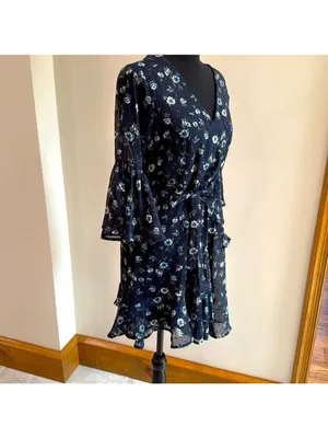Altar’d State Women's Blue Floral Metallic Stripe Mini Ruffle Dress Size Medium thumbnail 3