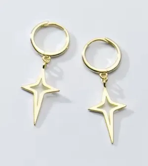 NEW Gold Star Dangle Hoop Earrings | Yellow Gold Over‎ 925 Sterling Silver thumbnail 1