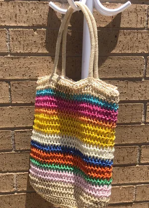 Raffia boho bohemian basket wicker straw neutral rainbow shoulder tote bag purse thumbnail 2