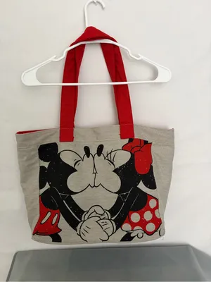 Disney Store Mickey Minnie Mouse Kissing Canvas Tote Bag Red Handles Pocket(F314 thumbnail 6
