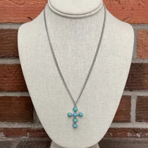 Faux Turquoise Cluster Cross and Spaced Bead Necklace Set thumbnail 3